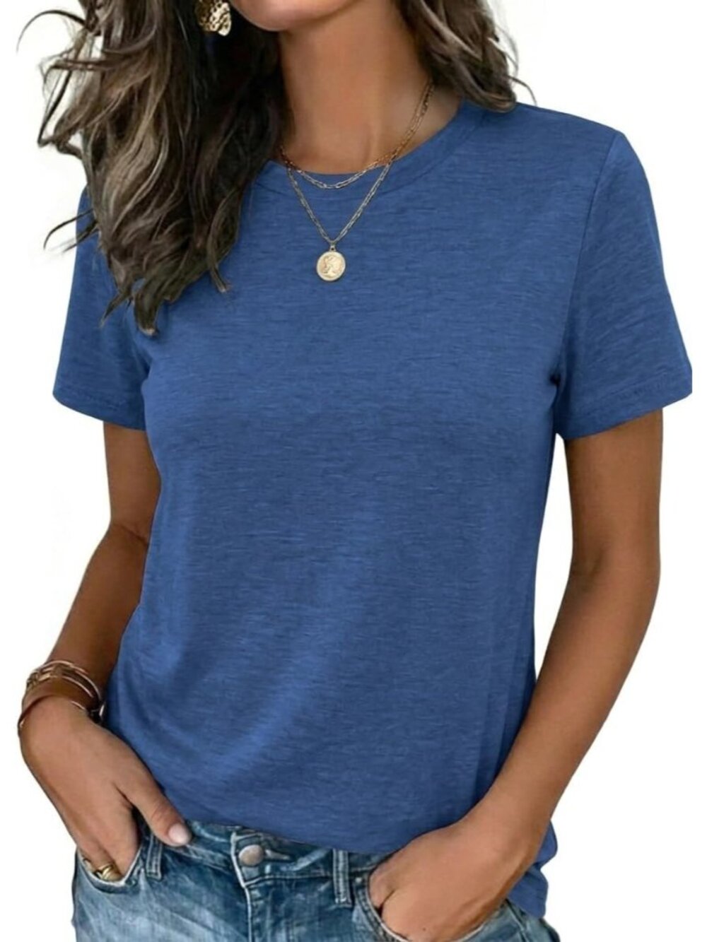 Women's Blue Short Sleeve Crew neck Casual Basic Imported Tee Shirts